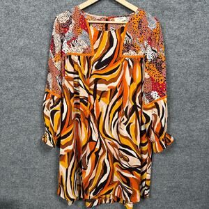 Umgee USA Size Large Tiger Animal Print Boho Mini Shift Dress Brown Long Sleeves
